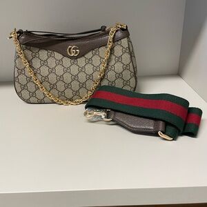 Women’s Brown Shoulder Bag with removable gold chain and web adjustable guitar s